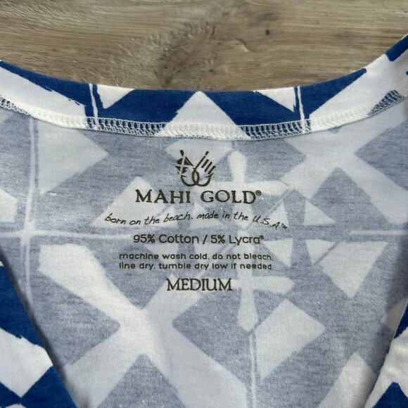 Mahi Gold Blue Geometric Bell Sleeve Dress Cotton Stretch Medium - Picture 4 of 4